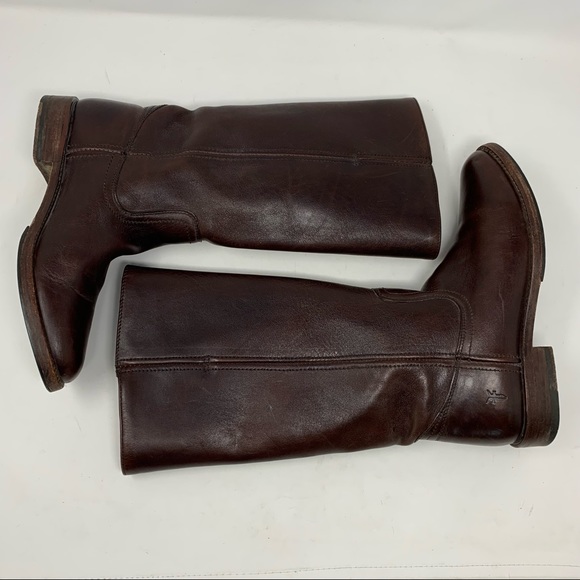 Frye 7.5 Tall Brown Leather Boots Low Heel Classic - Picture 10 of 11
